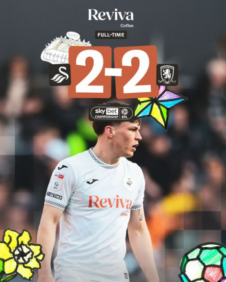 Swansea drew 2-2 at home in the 41st round of the "2025-2026 England Championship (Second Division)" against Middlesbrough at Swansea Dotcom Stadium in Wales, England, on the 7th (Korea time). /Photo = Swansea City official SNS Source