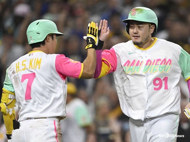 Choi Ji-man is making a high-five with Kim Ha-sung (left) in the 2023 season. /AFPBBNews=News1