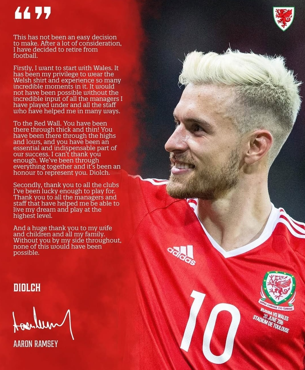 Заявление Аарона Рэмси о завершении карьеры. /Фото =Арон Рэмси о персональных социальных сетях (SNS)