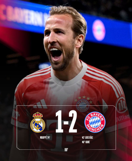 8日(韩国时间)，拜仁慕尼黑队在西班牙马德里的圣地亚哥•伯纳乌举行的与皇马队的"2025~2026欧洲足球联盟(UEFA)冠军联赛(UCL)"8强赛首回合客场以2比1获胜。 图为咆哮的哈里·凯恩。 =照片=拜仁慕尼黑官方SNS收尾。