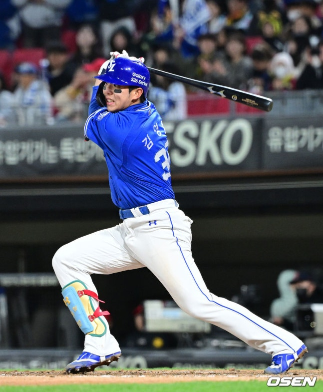 图为在7日与KIA队的比赛中击球的金英雄。