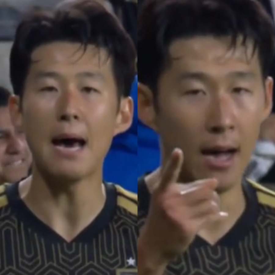 Son Heung-min (left) says "blah blah blah" after scoring the first goal in the first quarterfinal match of the 2026 CONCACAF Champions Cup at BMO Stadium in Los Angeles, California. Immediately after that, Son Heung-min points his finger at the camera. /Photo = LAFC-Cruce Asul relay screen Source