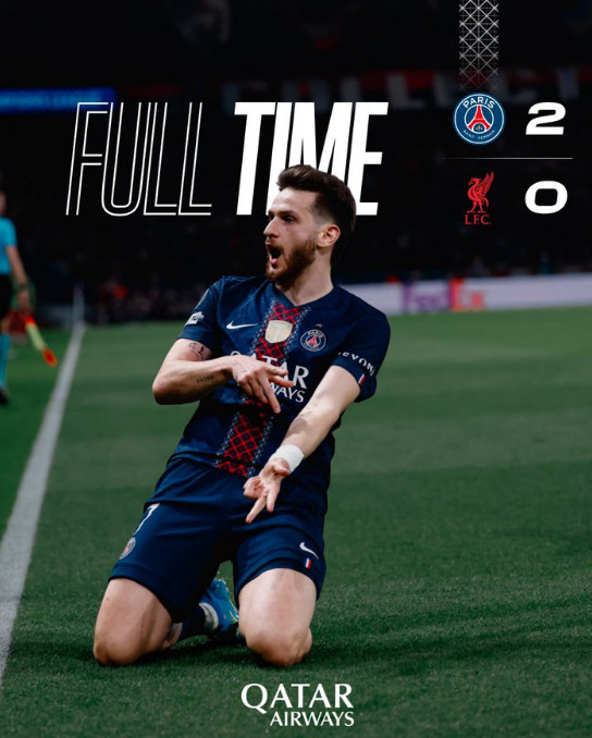  PSG won 2-0 at home in the first leg of the quarterfinals of the "2025-2026 UEFA Champions League" against Liverpool at Parc des Princes in Paris, France on the 9th (Korea Standard Time). In the photo, Khvitsa Kvaratshelia roars after scoring an extra goal. /Photo = PSG Official SNS Source