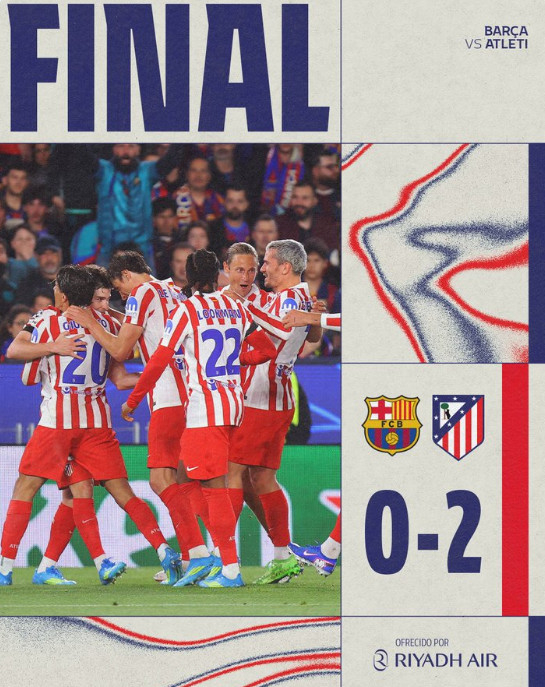 Atletico Madrid won 2-0 in the first leg of the quarterfinals of the "2025-2026 UEFA Champions League" against Barcelona at Spotify Camp Nou in Barcelona, Spain on the 9th (Korea time). Pictured are delighted Atletico players. /Photo = Atletico Madrid official SNS Source