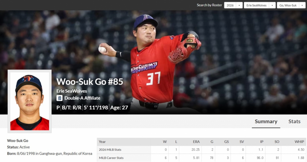 Đội của Go Woo Seok được viết là đội Detroit Double A. /Ảnh = Cap màn hình trang chủ chính thức của MiLB.com