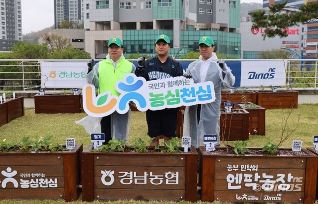 NC Dinos Shin Минхёк (в центре) снимает памятную фотографию с Рю Гиль-ни, главой Кённамского сельскохозяйственного кооператива (слева) и Ли Джин-маном, генеральным директором NC Dinos на церемонии открытия «фермы Минхёка Энпак». /Фото = Предоставлено NC Dinos.
