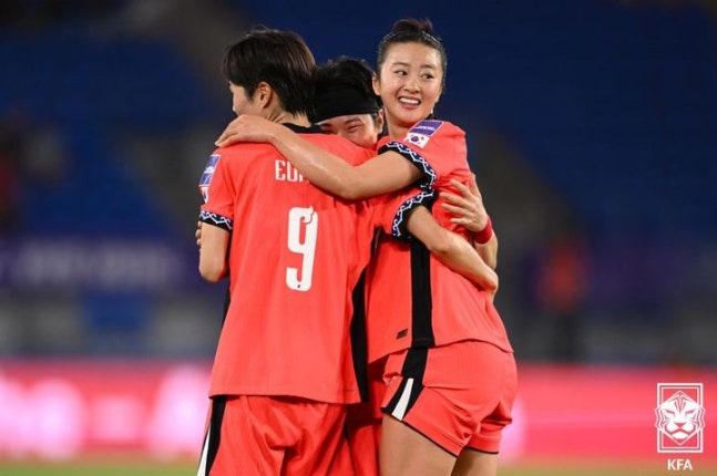Korean women's soccer team players are happy after scoring. /Photo = Korea Football Association