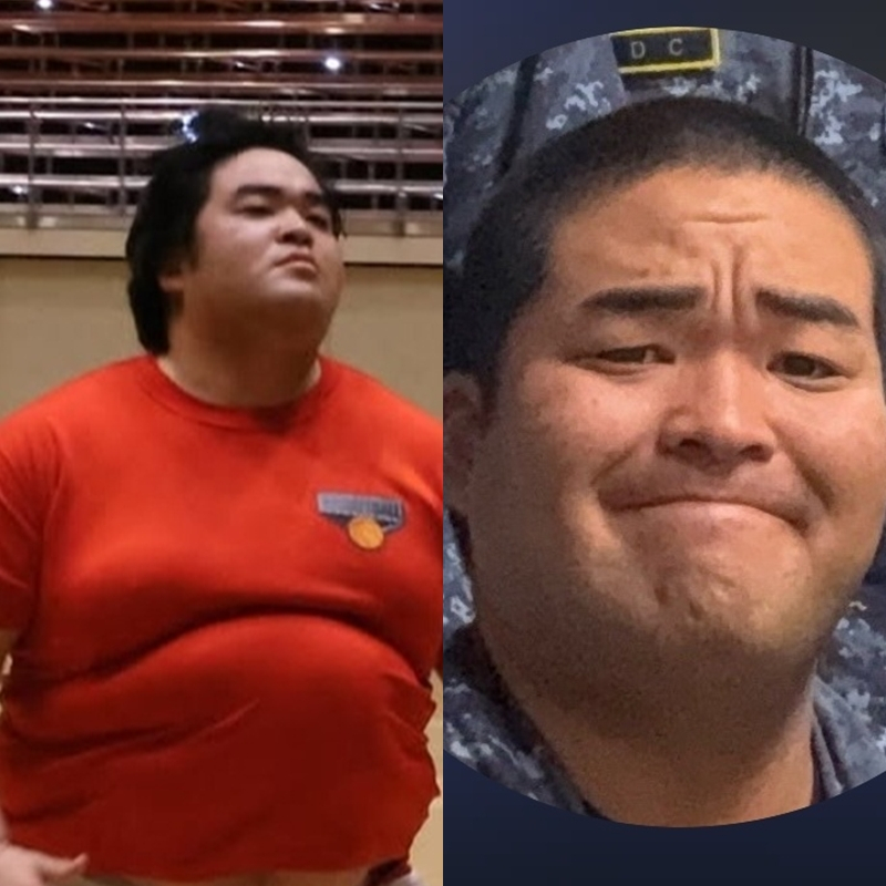 Уджа Джуон (слева) и его вид из военного времени на тест новичка (справа). /Фото / Фото = Японская ассоциация сумо, служба личных социальных отношений (SNS)