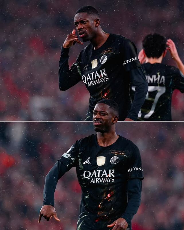 乌斯曼·登贝莱庆祝进球。 =照片=PSG官方SNS收尾。