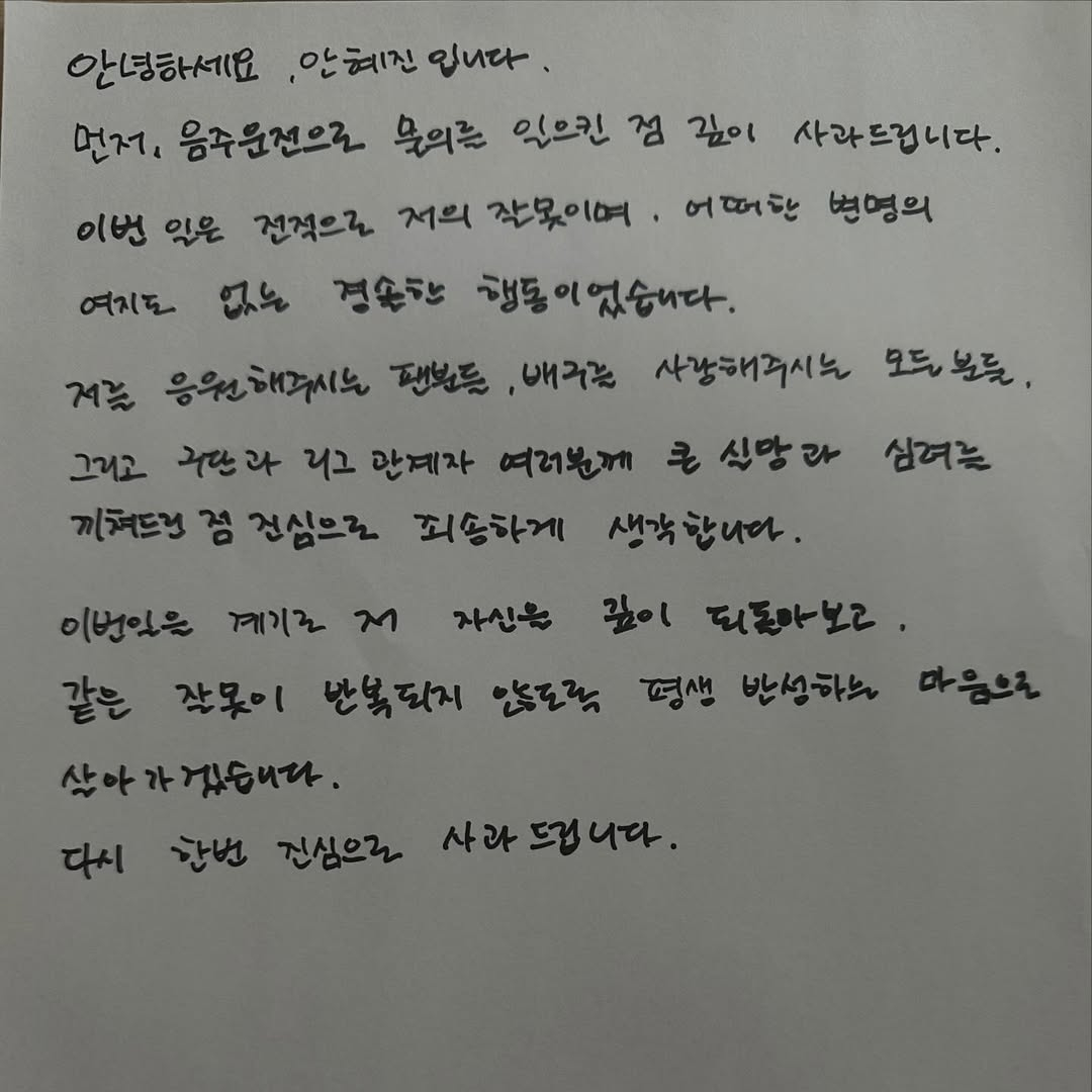 "평생 반성하는 마음으로 살겠다" 음주운전 안혜진, 자필 사과문 게시