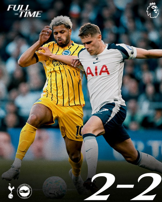 19日(韩国时间)，在英国伦敦托特纳姆热刺体育场举行的"2025~2026英格兰足球超级联赛(EPL)"第33轮主场比赛中，托特纳姆热刺队以2比2与布莱顿队握手言和。 图为，争夺球的米奇•范德本（右）。 =照片=托特纳姆热刺队官方SNS结束。
