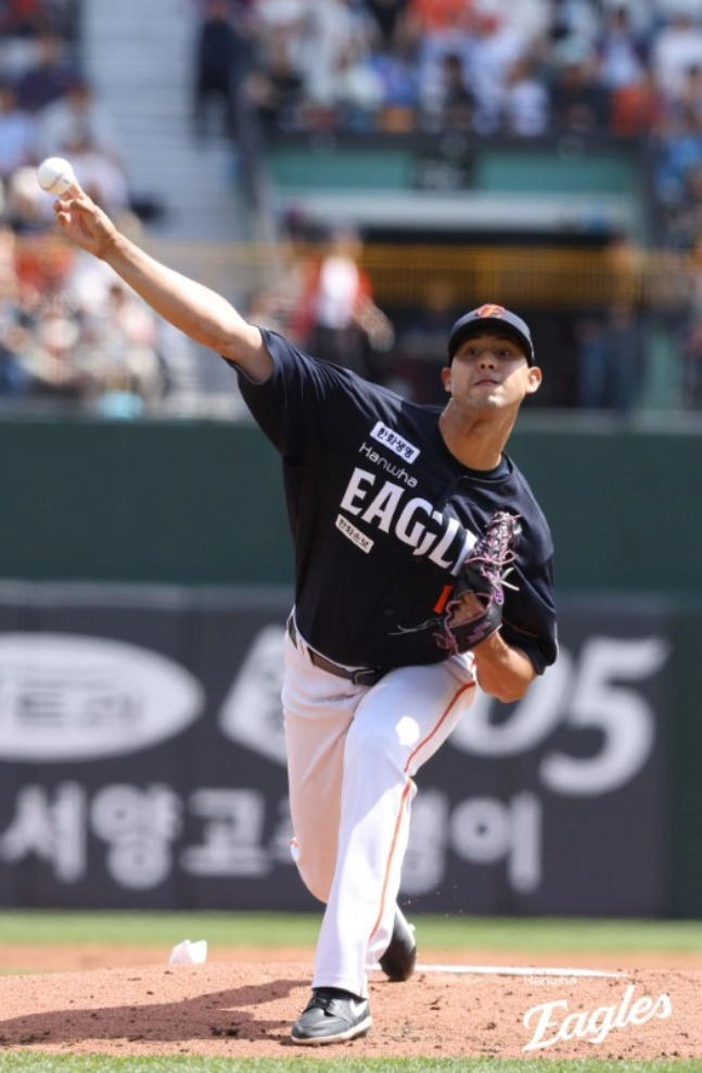 ハンファの外国人投手ウィルケル·ヘルナンデスが19日、釜山（プサン）ロッテ戦で力投した。 /写真=ハンファ·イーグルス提供 