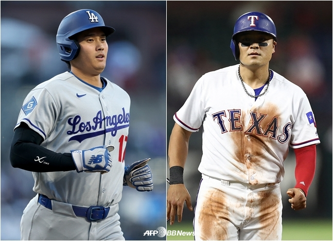 Shohei Ohtani (left) and Choo Shin-soo during the 2018 season. /AFPBBNews=NEWS1