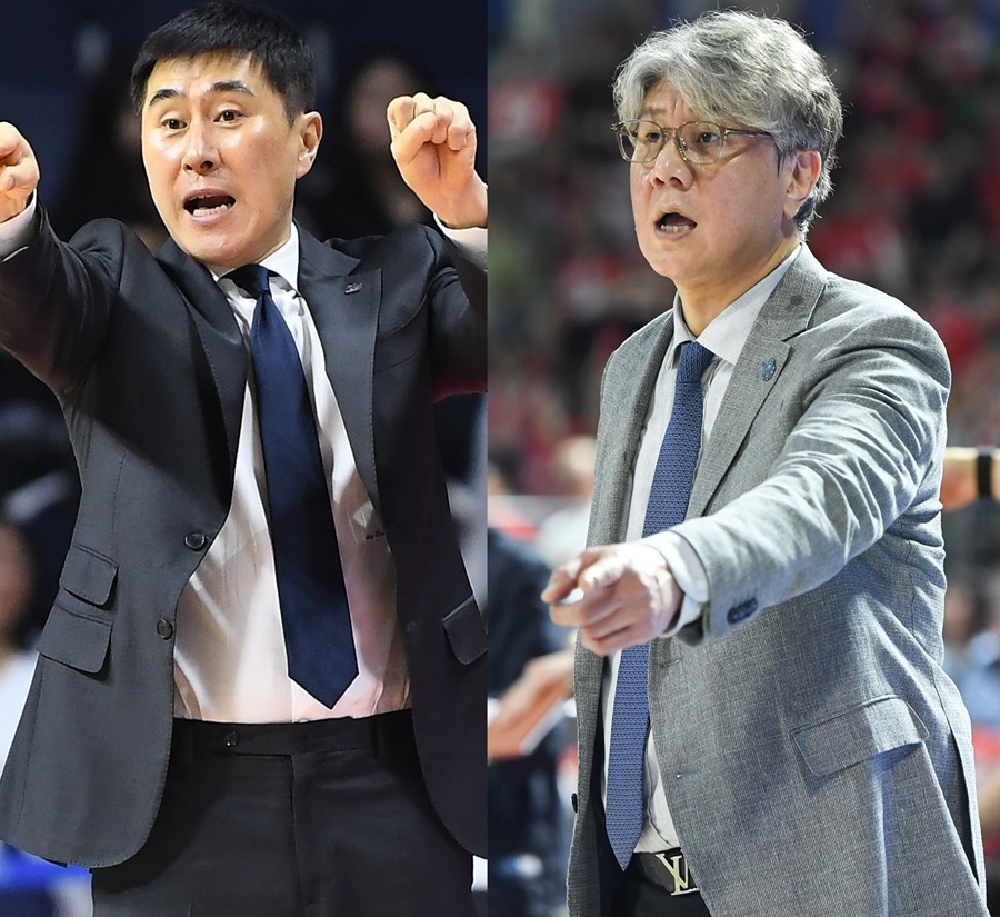 Ли Сан Мин (слева) Пусанский тренер ККК - Сон Чан Хван, тренер Коян Соно. /Фото = KBL