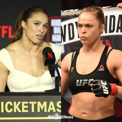 Ronda Rousey (left) during a press conference before her match against Jinna KARA-no, alongside a past photo from her prime. /AFPBBNews=NEWS1
