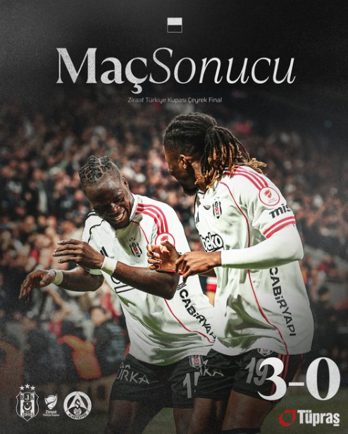 On the 24th (Korea time), Besiktas secured a decisive 3-0 victory over Alanyaspor in the quarterfinals of the "2025-2026 Turkish Cup (FA Cup)" held at Besiktas Park in Istanbul, Turkey. The photo shows Besiktas players celebrating after scoring the third goal. /Photo=Besiktas official SNS screenshot