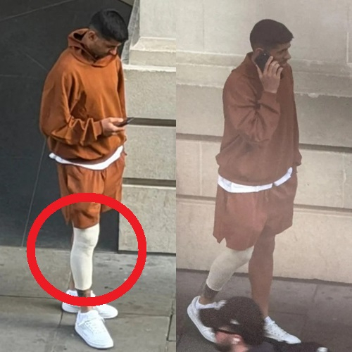 克里斯蒂安·罗梅罗戴着护膝走在街上。 =照片=《太阳报》结束。