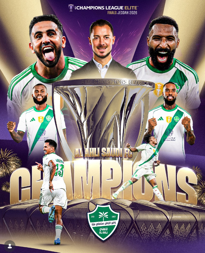 26日(韩国时间)，在沙特阿拉伯吉达国王阿卜杜拉体育城体育场举行的与马奇达•泽尔维亚队的"2025~2026亚足联(AFC)冠军联赛精英(ACLE)"决赛中，阿尔•阿赫利经过加时赛以1比0击败对手，夺得了冠军。 =照片=AFC官方SNS收尾。