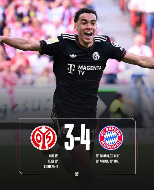 On the 26th (Korea time), Bayern Munich came from behind to defeat Mainz 4-3 in an away match of the 31st round of the 2026–2026 German Bundesliga at the MEWA Arena in Mainz, Germany. The photo shows Jamal Musiala celebrating after scoring. /Photo=Bayern Munich official SNS archive