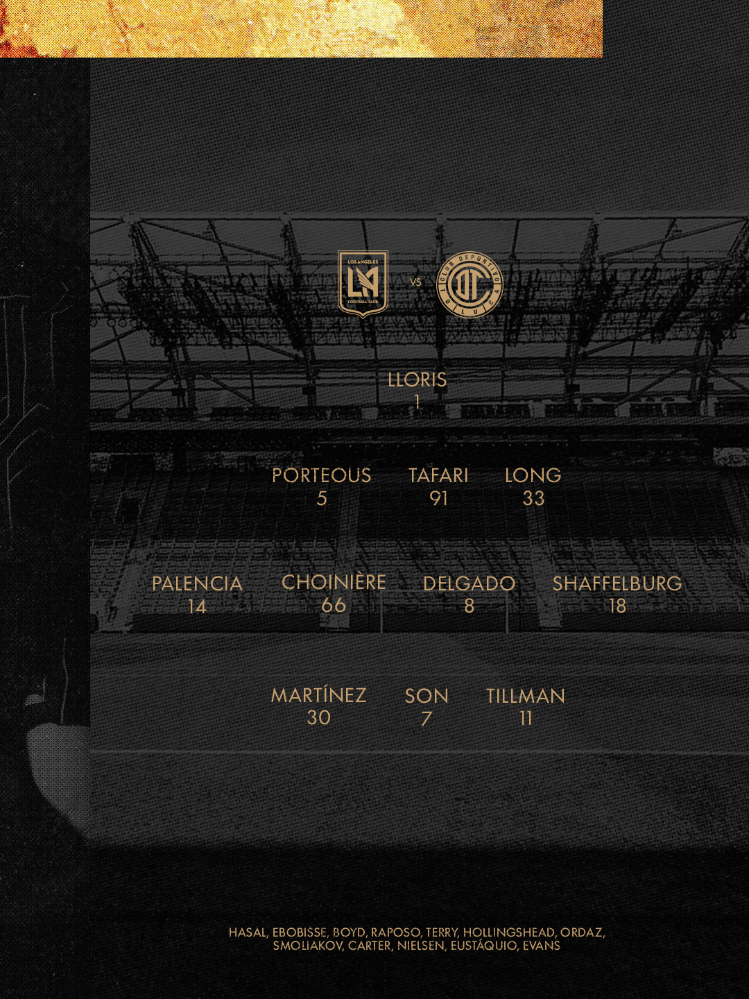LAFC starting lineup for the 2026 CONCACAF Champions Cup quarterfinal first leg against Toluca. /Photo=LAFC SNS screenshot