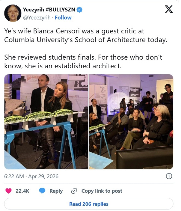 Twitter post @yeezirich reporting on Bianca Censori's Columbia University architecture review