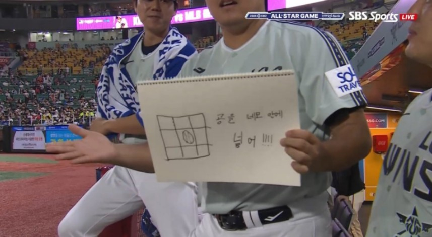 Jang Hyun-sik expresses dissatisfaction by writing a message on a sketchbook that says 'Put the ball inside the square' to a teammate who gave up a walk during the 2024 KBO All-Star Game. This phrase, commonly seen during games, resonated strongly with fans. /Photo=Screenshot from SBS Sports broadcast