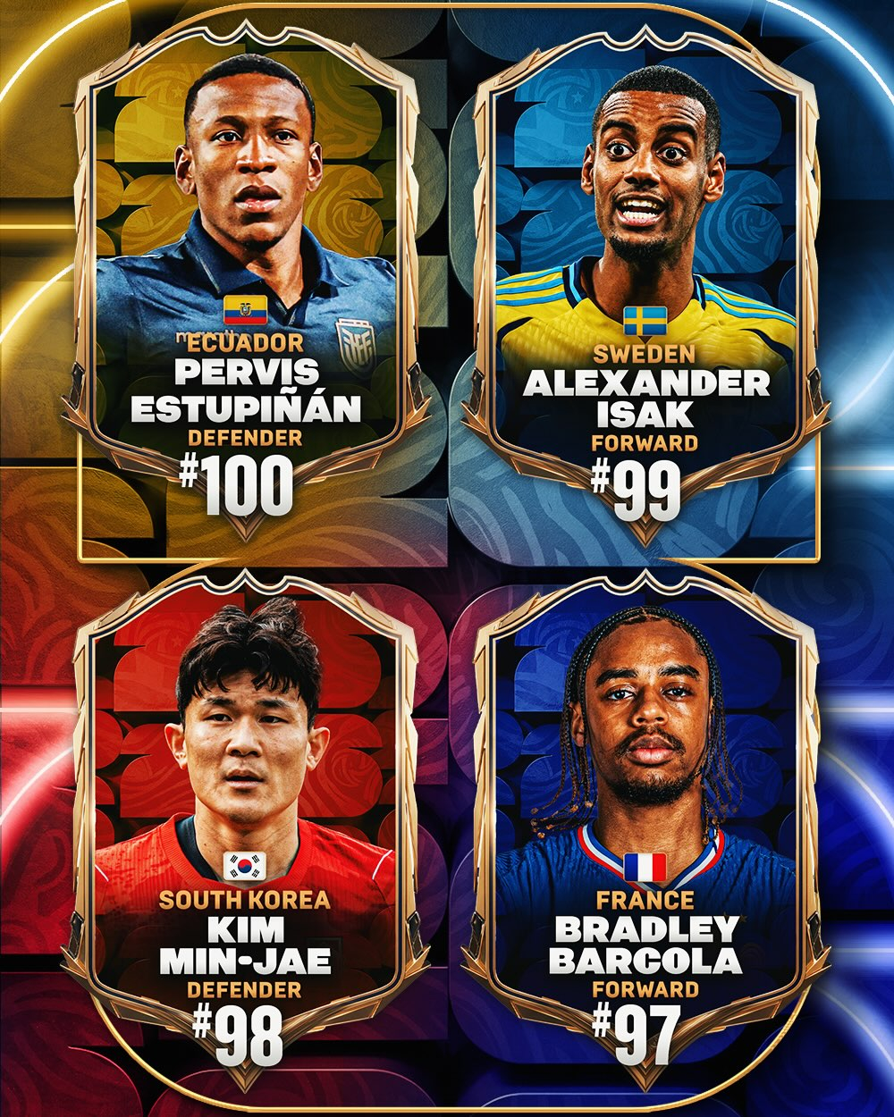 米フォックススポーツが選定した2026 FIFA北中米ワールドカップ選手ランキングトップ10098位に上がったキム·ミンジェ（左下）。 /写真=フォックススポーツのSNSキャプチャー