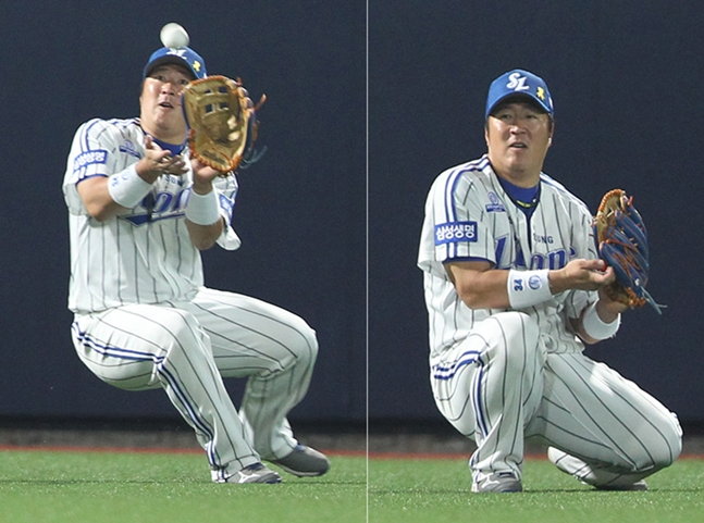 Choi Hyung-woo is seen making a defensive play during the May 22, 2014, Pohang Lotte Giants game, Samsung's previous 8-game winning streak. /Photo=Samsung Lions