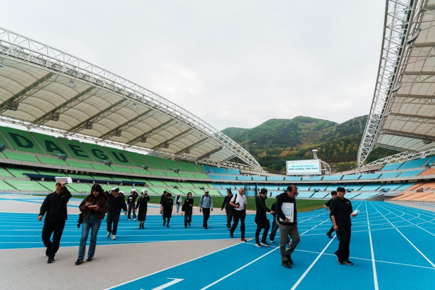 The World Masters Athletics (WMA) delegation conducted a technical inspection at the Daegu Stadium in mid-last month. /Photo=Provided by Daegu City