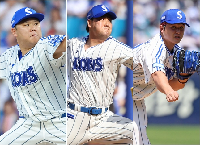 Lee Seung-hyun (from left), Kim Tae-hoon, Choi Won-tae. /Photo=Samsung Lions