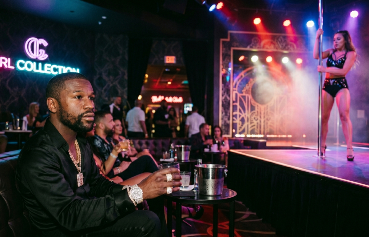 Floyd Mayweather (left) looking at a pole dancer. /Graphic=AI-generated image