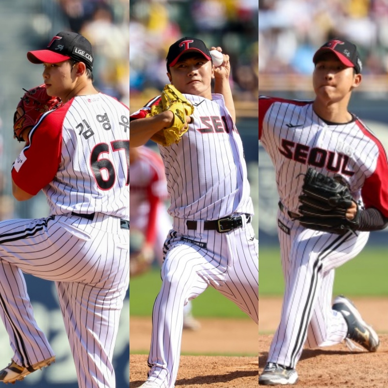 Kim Young-woo, Kim Yun-sik y Woo Kang-hoon de LG (de izquierda a derecha) lanzan con éxito el día 24 en el partido contra Kiwoom en Jamsil. /Foto=Proporcionado por LG Twins