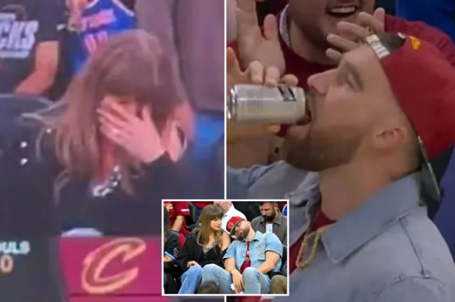 Taylor Swift (left) covers her face with her hand, appearing flustered, after Travis Kelce (right) was captured on the scoreboard chugging a beer. /AFPBBNews=NEWS1/Photo=The Sun archive