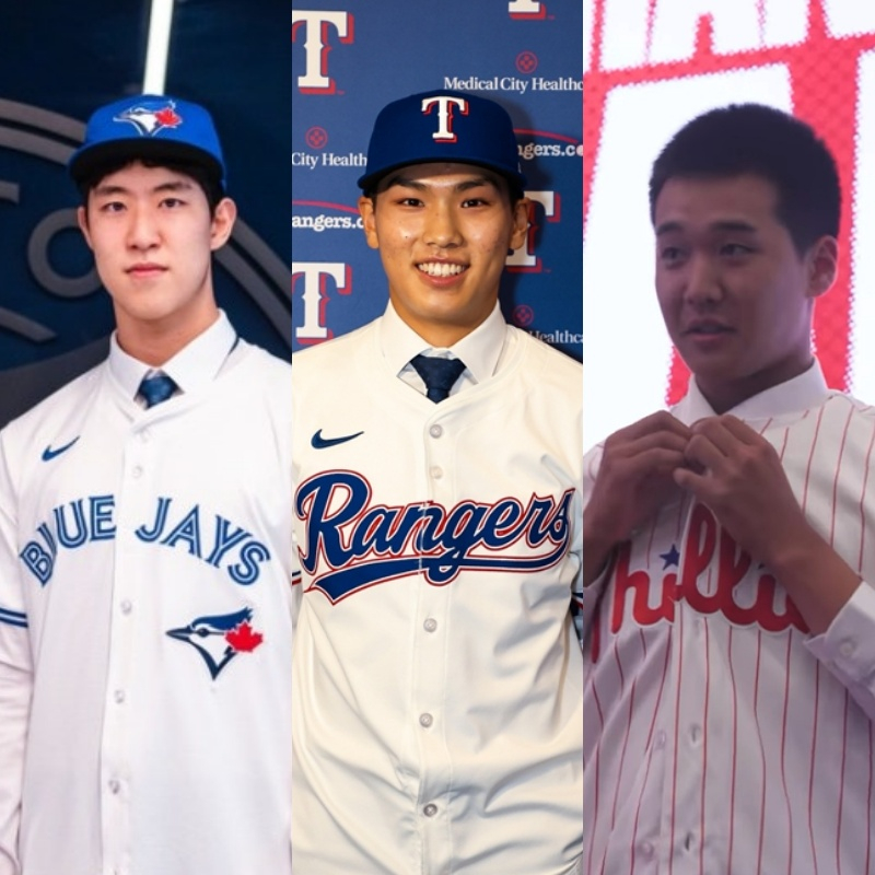 From left: Moon Se-jun of the Toronto Blue Jays, Kim Sung-jun of the Texas Rangers, and Park Chan-min of the Philadelphia Phillies. /Photo=Official social media screenshots of the Toronto Blue Jays, Texas Rangers, and Philadelphia Phillies