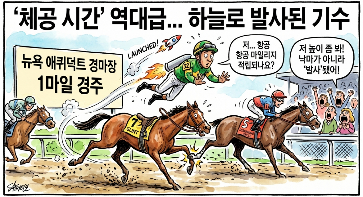A satirical cartoon depicting the fall accident that occurred during the Gyeongju race at New York's Aqueduct Racetrack. It portrays the jockey bouncing off 'Glint' as if being 'launched' into the sky. /Graphic=AI-generated image
