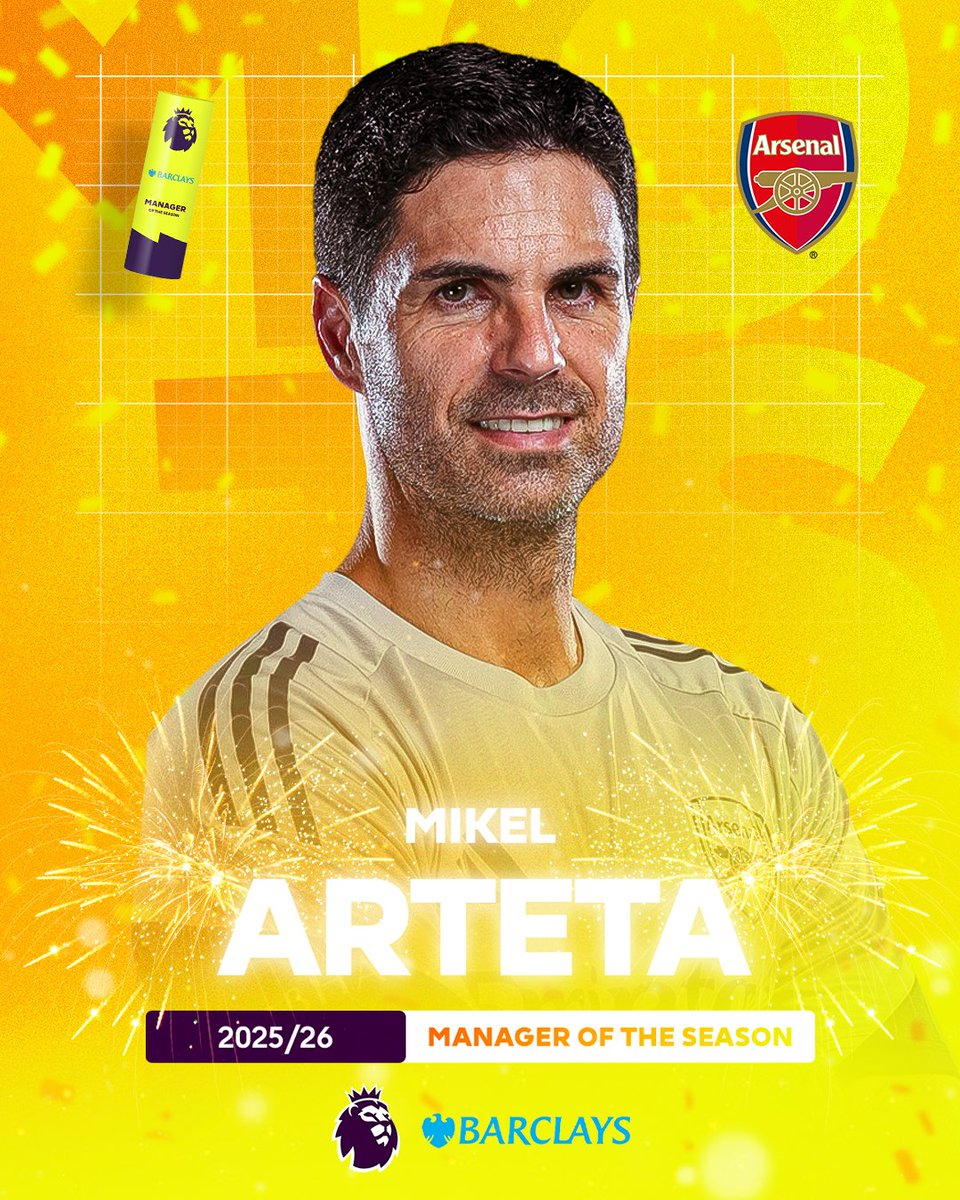 Mikel Arteta, manager of Arsenal, winner of the 2025-2026 English Premier League (EPL) Manager of the Year award. /Photo=EPL official SNS screenshot