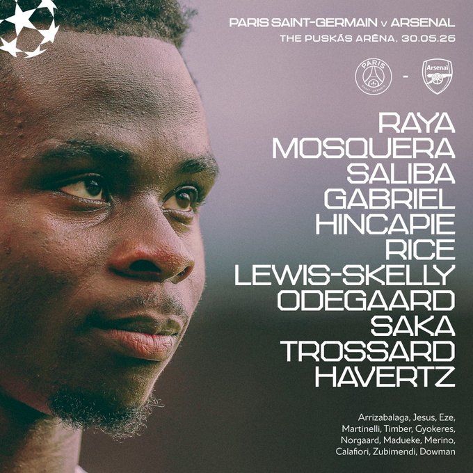 Arsenal's starting lineup against Paris Saint-Germain (PSG). /Photo=Arsenal's official social networking service (SNS)
