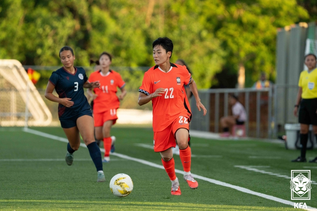 Han Da-in, who participated in the first match of the 2026 East Asian Football Federation (EAFF) E-1 Football Championship (East Asian Cup) qualifiers against Guam, held at Guam Football Association Training Center Field 2 at 5 p.m. (Korean time) on the 3rd. /Photo=Korea Football Association
