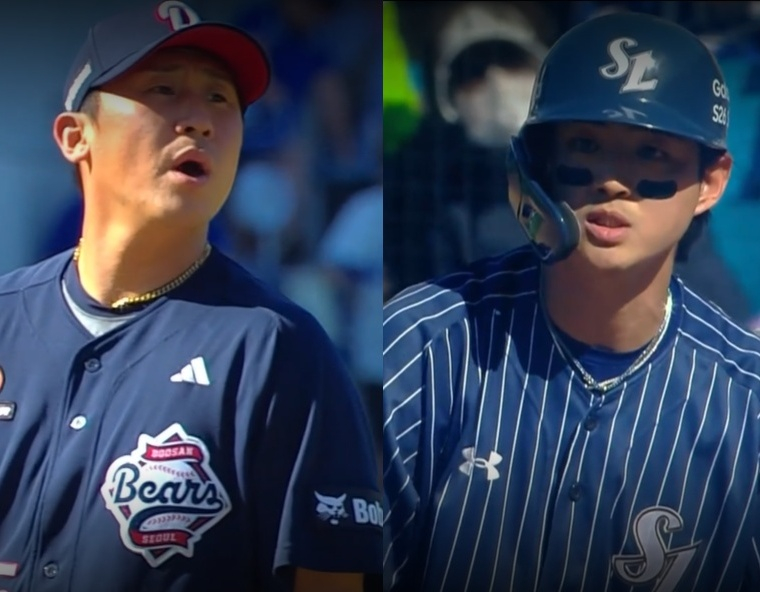 5月31日の大邱（テグ）戦の6回裏、斗山（トゥサン）投手の李ヨンチャン（左）と三星（サムスン）の具滋旭（ク·ジャウク）の姿。 /写真=中継画面キャプチャー