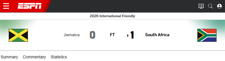 ESPN website reporting that South Africa defeated Jamaica 1-0. /Photo=Screenshot from ESPN website
