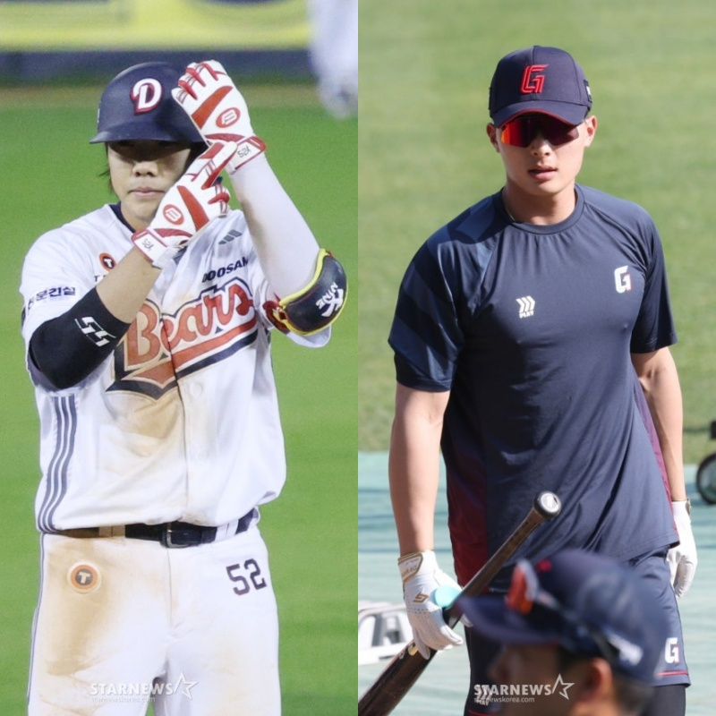 Park Jun-soon de Doosan (izquierda) y Yoon Dong-hee de Lotte. /foto=corresponsal jefe Kim Jin-kyung