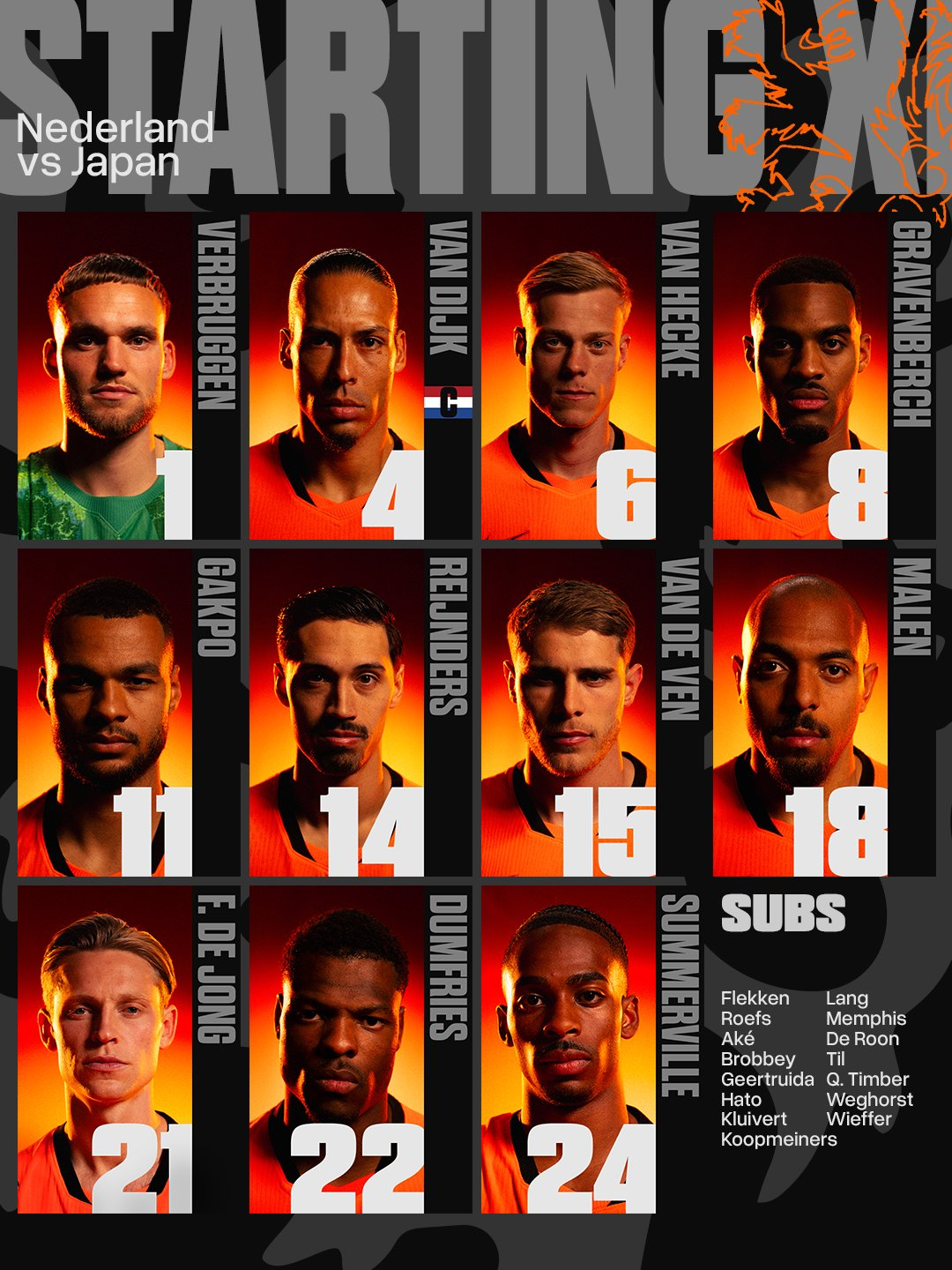 2026 FIFA North America World Cup Group Stage F, Match 1: Netherlands vs. Japan starting lineup. /Photo=Japan Football Association SNS screenshot