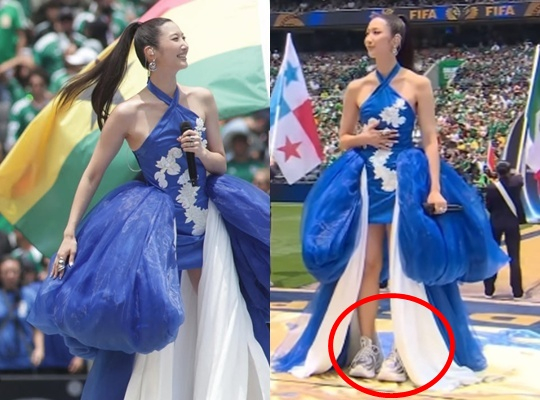 Lee Jae-jae mang giày thể thao trong bộ váy sân khấu khai mạc World Cup / Ảnh = Tài khoản cá nhân của Lee Jae-jae
