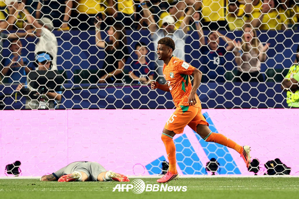 Ahmad Diallo, a forward for the Côte d'Ivoire national team, celebrates after scoring a goal against Ecuador in the Group E first match of the 2026 FIFA North, Central America and Caribbean World Cup at Philadelphia Stadium in the United States on the 15th. /AFPBBNews=NEWS1