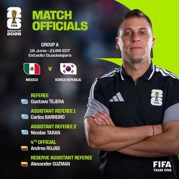 List of referees for the 2026 FIFA North, Central America and Caribbean (CONCACAF) World Cup Group Stage Match 2 between Korea and Mexico, to be held at Guadalajara Stadium in Zapopan, Mexico, at 10 a.m. on the 19th. /Photo=FIFA SNS capture