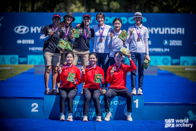 Korean women's recurve team silver medal ceremony. /Photo=World Archery Federation