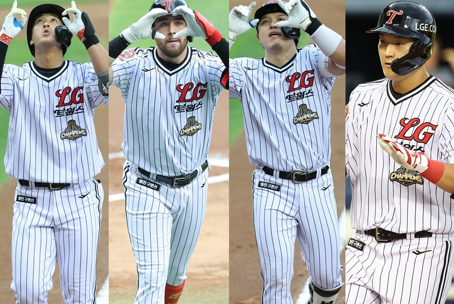 ソン·チャンウィ(左から)、オースティン、朴ドンウォン、ムン·ジョンビンが21日、斗山(トゥサン)戦で本塁打を放ち、ホームインしている。 /写真=LGツインズ