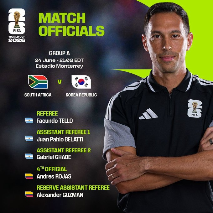 Refereeing team for the final Group A match of the 2026 FIFA North, Central America and Caribbean World Cup between South Korea and South Africa. /Photo=FIFA SNS capture