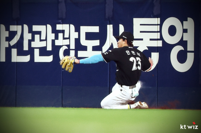 KTウィズのアン·ヒョンミンの負傷前の守備場面。 /写真=KTウィズ提供