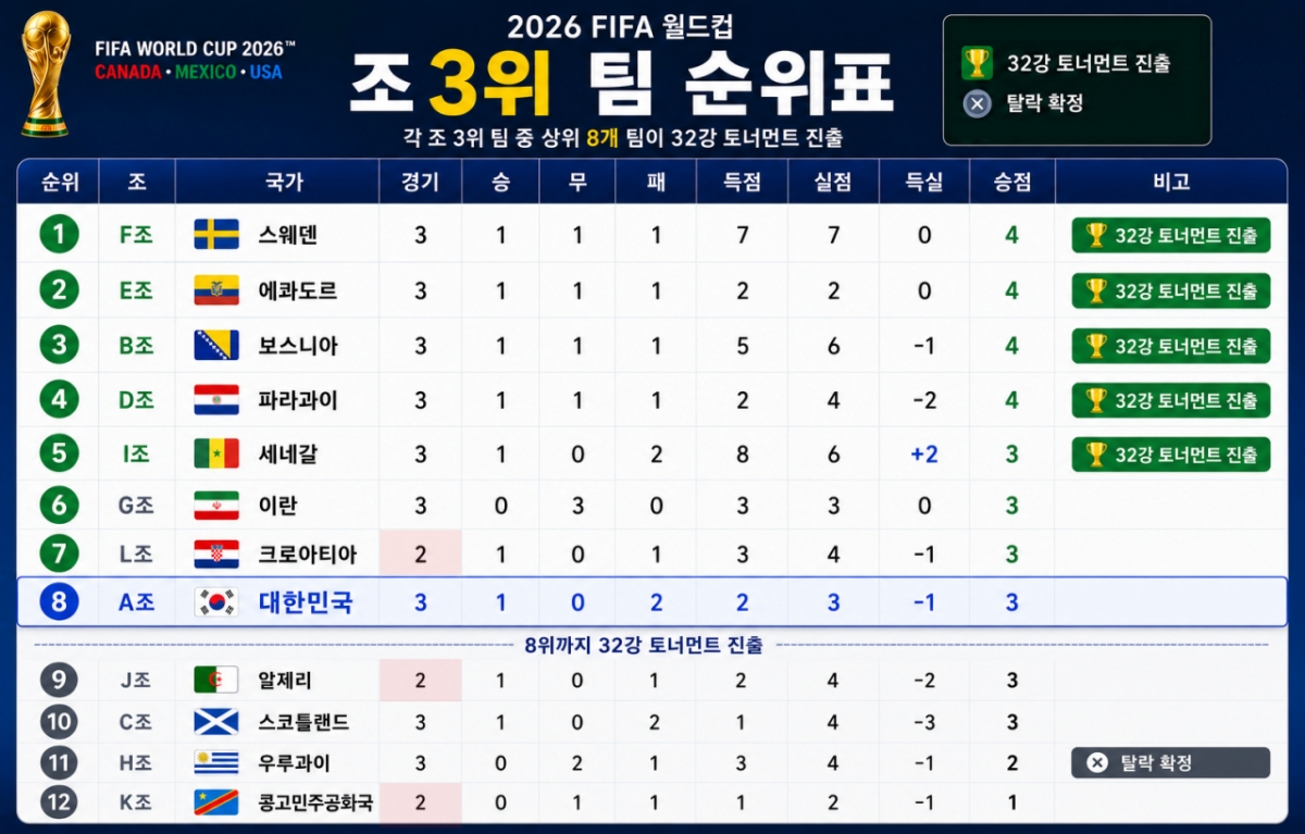 2026年FIFA北美世界杯小组第三名球队中排名表。 =照片=AI制作图片。